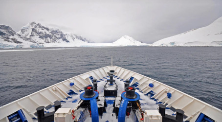 Looking over the bow of a ship in Antarctica